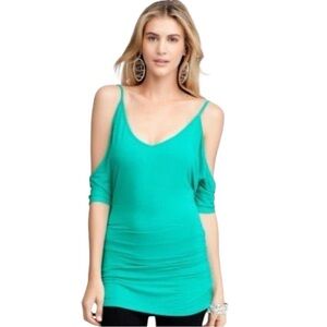 Bebe Teal Green V-Neck Half Sleeve Cold Shoulder Top Size Small